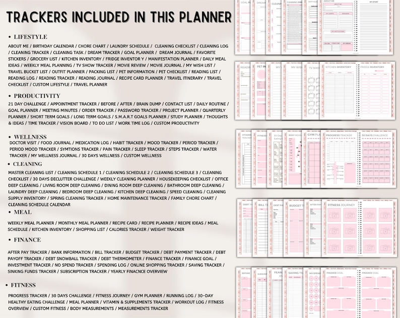 May include: A digital planner featuring a comprehensive list of trackers categorized by lifestyle, productivity, wellness, cleaning, meal, finance, and fitness. The planner includes numerous page layouts with pink accents and black text on white paper.