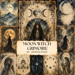 May include: A collection of journal pages featuring celestial and mystical illustrations in shades of blue, gold, and cream. The central image displays a hooded figure beneath a triple moon symbol. Text reads: MOON WITCH GRIMOIRE - 115 + JOURNAL PAGES -.