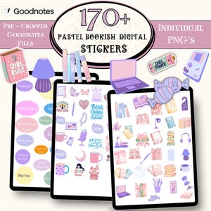 May include: Digital stickers for Goodnotes, featuring a pastel bookish theme. The image includes various stickers like books, laptops, and inspirational quotes. The text on the image says "Girl Rule" and "Girl Power".