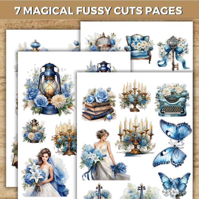 Vintage Blue Junk Journal Kit, Blue Roses Journal Paper, Tags ...