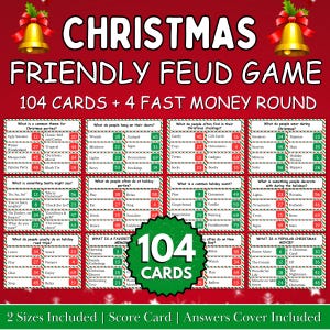 May include: A Christmas-themed Friendly Feud game with 104 cards and 4 fast money rounds. The game features a red and green color scheme with gold bells and text. Includes a score card and answer key.