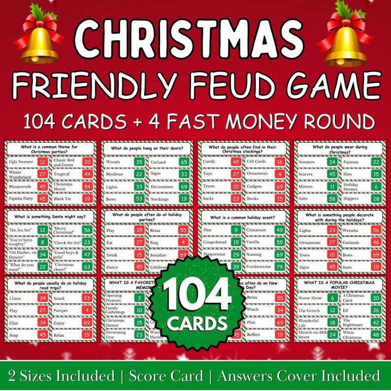 Puede incluir: Un juego de Navidad Friendly Feud con 104 cartas y 4 rondas de dinero r&aacute;pido. El juego presenta un esquema de color rojo y verde con campanas y texto dorados. Incluye una tarjeta de puntuaci&oacute;n y respuestas.