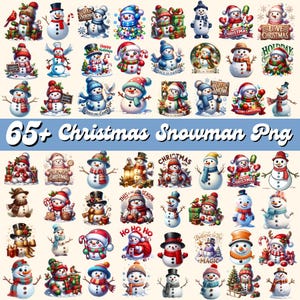 Puede incluir: Una colección de 65+ imágenes PNG de muñecos de nieve navideños. Los muñecos de nieve están representados con varios atuendos festivos, incluyendo sombreros, bufandas y sosteniendo objetos temáticos de las fiestas. El texto "65+ Christmas Snowman Png" se muestra.