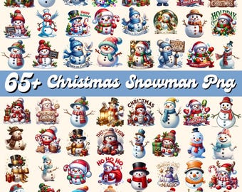 Könnte beinhalten: Eine Sammlung von 65+ PNG-Bildern von Weihnachtsschneemännern. Die Schneemänner sind in verschiedenen festlichen Outfits dargestellt, darunter Hüte, Schals und halten Objekte mit Feiertagsmotiven. Der Text "65+ Christmas Snowman Png" ist zu sehen.
