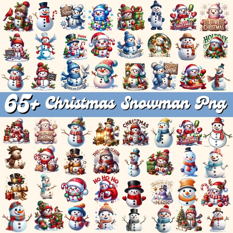 Puede incluir: Una colecci&oacute;n de 65+ im&aacute;genes PNG de mu&ntilde;ecos de nieve navide&ntilde;os. Los mu&ntilde;ecos de nieve est&aacute;n representados con varios atuendos festivos, incluyendo sombreros, bufandas y sosteniendo objetos tem&aacute;ticos de las fiestas. El texto "65+ Christmas Snowman Png" se muestra.