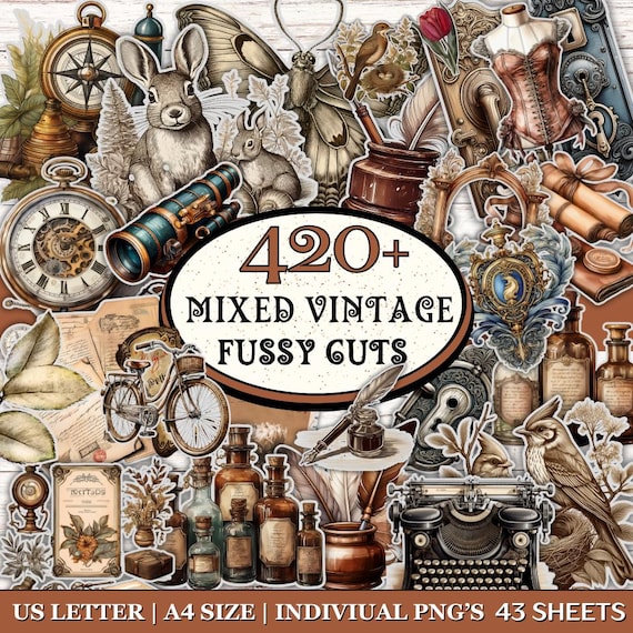 420 + Mixed Vintage Fussy Cuts Bundle, Scrapbook Supplies, Vintage Junk Journal Kit, Printable Fussy Cuts, Antique Vintage Junk Journal Cuts
