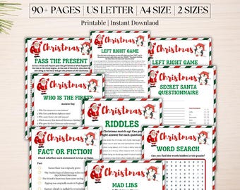 May include: A Mega Christmas Games Bundle featuring 90+ pages in US Letter and A4 sizes. The printable collection includes various activity sheets like Pass the Present, Left Right Game, Who Is The First, Riddles, Secret Santa, Fact or Fiction, Word Search, and Mad Libs, all decorated with red and green borders and illustrations of Santa Claus and a penguin.