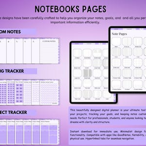 May include: Digital planner pages with purple accents featuring sections for custom notes, saving trackers, and project trackers. The layout includes grid, lined, and checklist templates displayed on tablet screens with hyperlinked navigation tabs.
