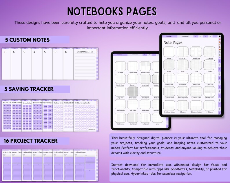 May include: Digital planner pages with purple accents featuring sections for custom notes, saving trackers, and project trackers. The layout includes grid, lined, and checklist templates displayed on tablet screens with hyperlinked navigation tabs.