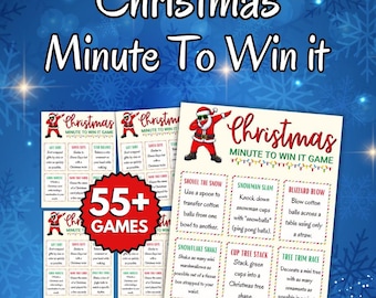May include: A collection of printable Christmas Minute To Win It game cards featuring a dabbing Santa Claus graphic. The cards include instructions for various holiday-themed activities like Shovel The Snow and Snowman Slam, with a red starburst graphic stating 55+ GAMES on a blue snowflake background.