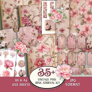 May include: A collection of vintage pink junk journal kit elements. The kit includes floral patterned papers, tags, and embellishments. The text on the image reads "35+ Vintage Pink Junk Journal Kit" and "US & A4 Size Sheets". The overall color scheme is pink and beige.