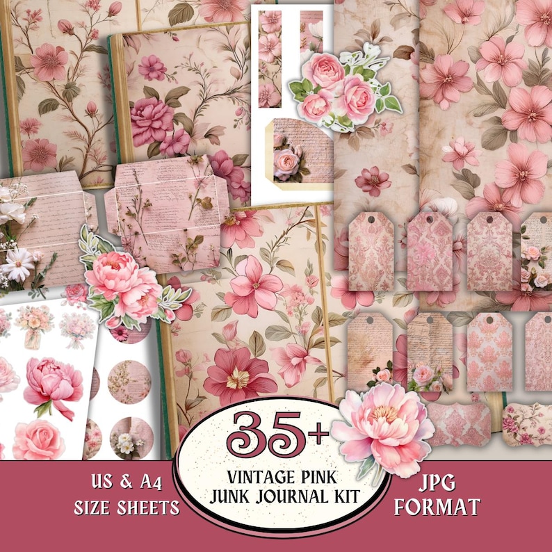 Vintage Pink Junk Journal Kit, Romantic Floral Journal Kit, Shabby Chic ...