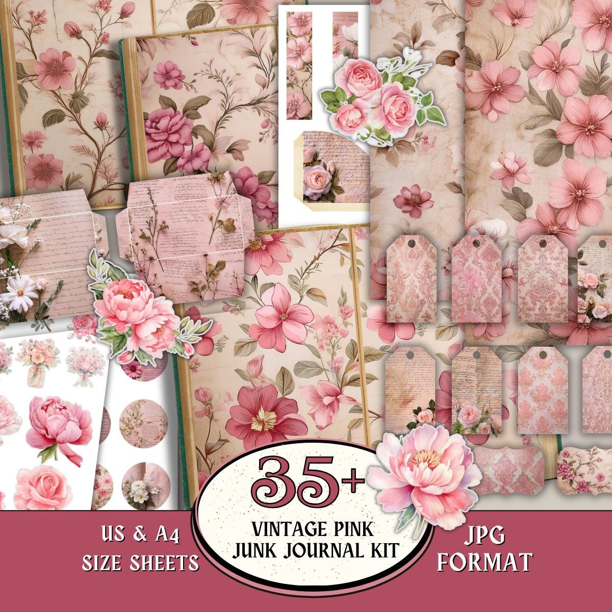 Vintage Pink Junk Journal Kit, Romantic Floral Journal Kit, Shabby Chic ...