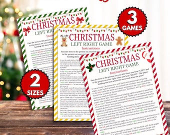 May include: Three printed game sheets for a Christmas Left Right game. Each sheet features red and green holiday-themed borders, instructions, and festive icons like reindeer and gingerbread men. Red circular badges indicate 3 games and 2 sizes.