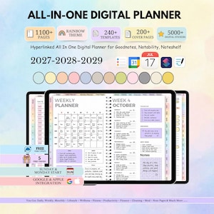 Może przedstawiać: Cyfrowy planer typu wszystko w jednym dla Goodnotes, Notability i Noteshelf, zawierający ponad 1100 stron, 240 szablonów, 200 okładek i 5000 cyfrowych naklejek. Zawiera kalendarze na lata 2027-2029, układy tygodniowe oraz integrację Google i Apple.