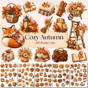 Peut inclure: Une collection d'illustrations sur le thème de l'automne avec un renard endormi, des citrouilles, des paniers, des bâtons de cannelle, des lanternes et des textiles douillets. Le texte central indique Cozy Autumn -120 Fussy Cuts-.
