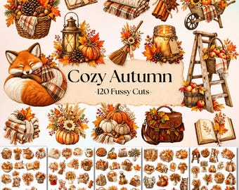 May include: A collection of autumn-themed illustrations featuring a sleeping fox, pumpkins, baskets, cinnamon sticks, lanterns, and cozy textiles. The central text reads Cozy Autumn -120 Fussy Cuts- with multiple sheets of small stickers below.