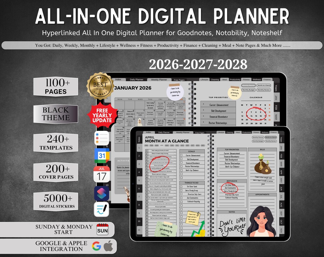 Dark Mode All in One Digital Planner, 2026 2027 2028 Goodnotes Planner ...