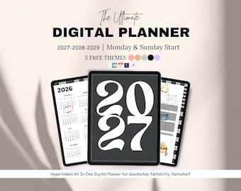 May include: A digital planner for Goodnotes, Notability, and Noteshelf featuring the text The Ultimate DIGITAL PLANNER 2027-2028-2029. The display shows a 2027 cover, a 2026 calendar page, and a page with cat illustrations and task lists.