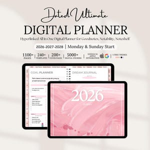 May include: A digital planner for 2026-2028 featuring a pink watercolour cover with the text 2026 Planner. The display shows a goal planner and dream journal interface with hyperlinked tabs, compatible with Goodnotes, Notability, and Noteshelf.