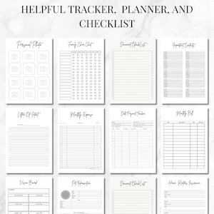 May include: A collection of printable planner pages with headings like "Personal Photo," "Family Char Chit," and "Monthly Expense." The pages are designed with a clean, minimalist aesthetic, featuring simple layouts and lines for writing.