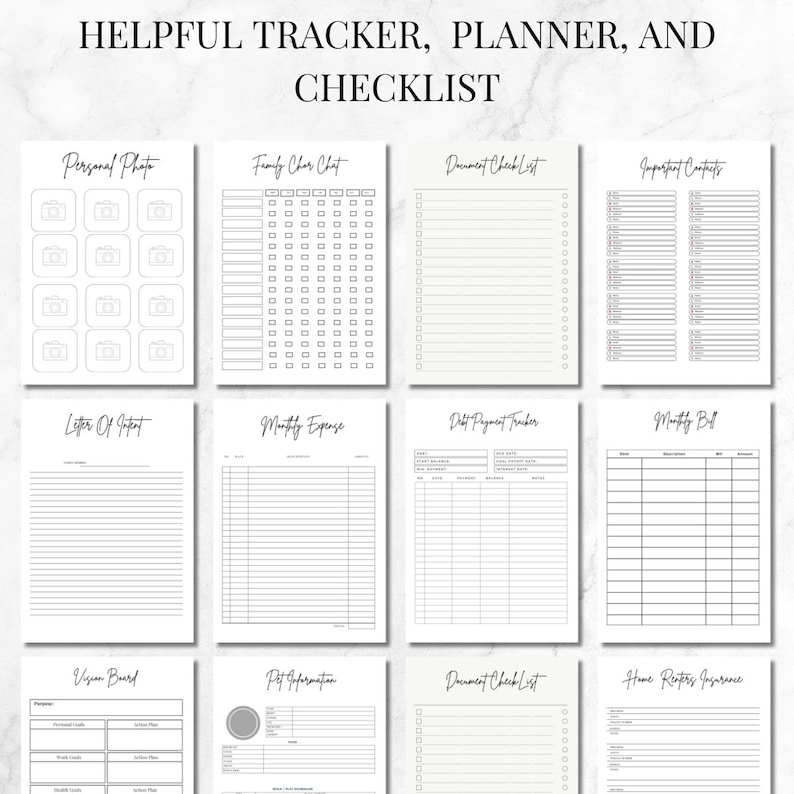 May include: A collection of printable planner pages with headings like "Personal Photo," "Family Char Chit," and "Monthly Expense." The pages are designed with a clean, minimalist aesthetic, featuring simple layouts and lines for writing.