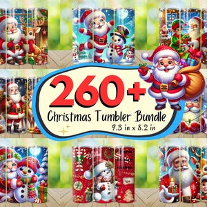 May include: A selection of Christmas-themed tumblers showcasing Santa Claus, snowmen, and festive holiday scenes. The bundle contains over 260 designs, each tumbler measuring 23.6 cm high and 20.8 cm wide. The designs are bright and colourful.