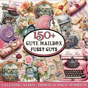 Puede incluir: Un collage de imágenes de estilo vintage con buzones, sobres, rosas y máquinas de escribir. El texto ovalado central dice "150+ Cute Mailbox Fussy Cuts". La paleta de colores incluye tonos rosas, azules y crema. Se ven las palabras "Loves" y "Love Toes".