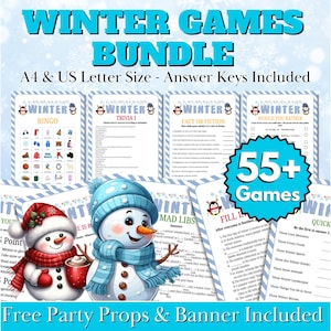 May include: A bundle of winter-themed party games with the text "Winter Games Bundle". Includes bingo, trivia, and other games. The bundle includes answer keys and free party props. The image features two snowmen.