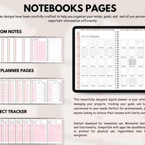 May include: A digital planner displayed on a tablet screen showing various note page layouts, alongside rows of thumbnails for 12 custom notes, 7 goal planner pages, and 16 project tracker pages, featuring pink accents and hyperlinked navigation tabs.