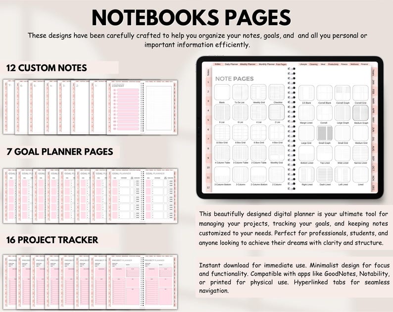 May include: A digital planner displayed on a tablet screen showing various note page layouts, alongside rows of thumbnails for 12 custom notes, 7 goal planner pages, and 16 project tracker pages, featuring pink accents and hyperlinked navigation tabs.