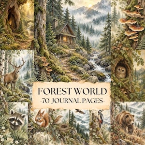 Può includere: Una raccolta di 70 pagine di diario intitolate FOREST WORLD, che presenta un collage di scene forestali tra cui una baita, un cervo, un gufo nel cavo di un albero, un procione, uno scoiattolo, un uccello e un orso, in uno stile pittorico dettagliato.