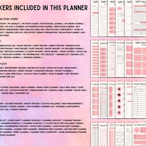 May include: A digital planner featuring a pink watercolour background and a list of included trackers categorised by self-care, lifestyle, productivity, meal, fitness, and cleaning. The right side displays multiple page previews with pink accents.