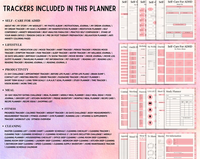 May include: A digital planner featuring a pink watercolour background and a list of included trackers categorised by self-care, lifestyle, productivity, meal, fitness, and cleaning. The right side displays multiple page previews with pink accents.
