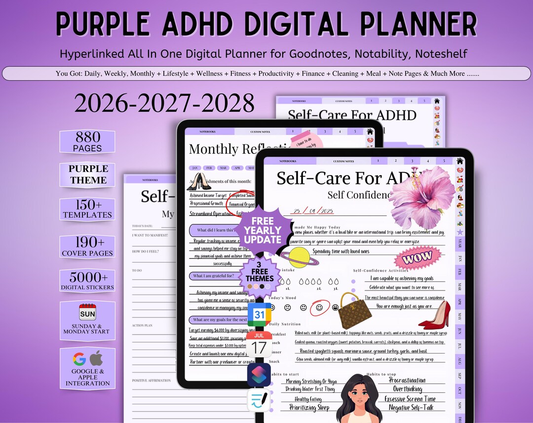 ADHD Planner 2026 - 2028, Daily Weekly Monthly Life Planner, Self Care ...