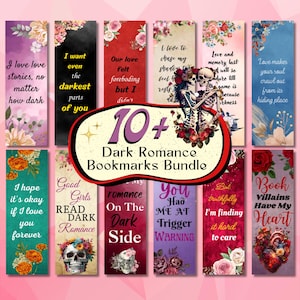 May include: A bundle of ten or more dark romance bookmarks. Each bookmark features floral designs, quotes, and gothic imagery, including skulls and skeletons. The text "Dark Romance Bookmarks Bundle" is also visible.