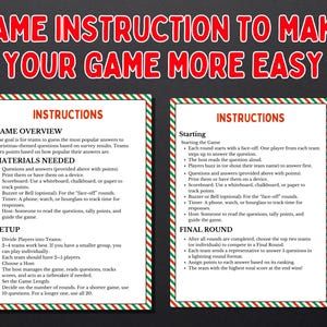 Puede incluir: Dos tarjetas rectangulares con instrucciones para un juego tem&aacute;tico navide&ntilde;o. Las tarjetas tienen un borde a rayas rojo y verde y presentan el t&iacute;tulo "GAME INSTRUCTION TO MAKE YOUR GAME MORE EASY". Las instrucciones cubren la descripci&oacute;n general del juego, los materiales necesarios, la configuraci&oacute;n y el inicio del juego.