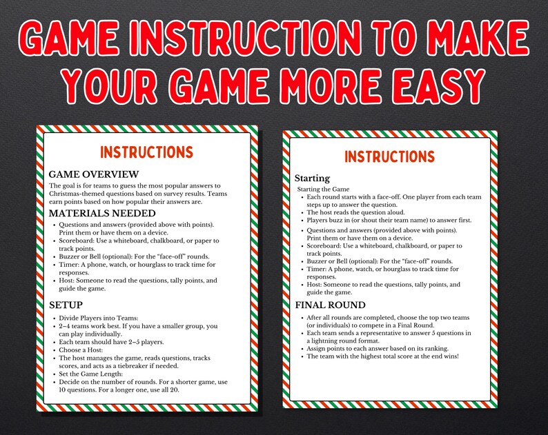 Puede incluir: Dos tarjetas rectangulares con instrucciones para un juego tem&aacute;tico navide&ntilde;o. Las tarjetas tienen un borde a rayas rojo y verde y presentan el t&iacute;tulo "GAME INSTRUCTION TO MAKE YOUR GAME MORE EASY". Las instrucciones cubren la descripci&oacute;n general del juego, los materiales necesarios, la configuraci&oacute;n y el inicio del juego.