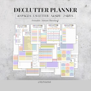 May include: A collection of printable decluttering planners with pastel color schemes. The title "DECLUTTER PLANNER" is at the top, with details like "40 PAGES", "US LETTER", "A4 SIZE", and "2 SIZES". The image includes various planning pages for organizing and decluttering.