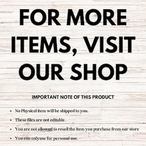 May include: A white wooden background with the text "FOR MORE ITEMS, VISIT OUR SHOP." Beneath, "IMPORTANT NOTE OF THIS PRODUCT" introduces four bullet points detailing the product's characteristics and permitted uses.