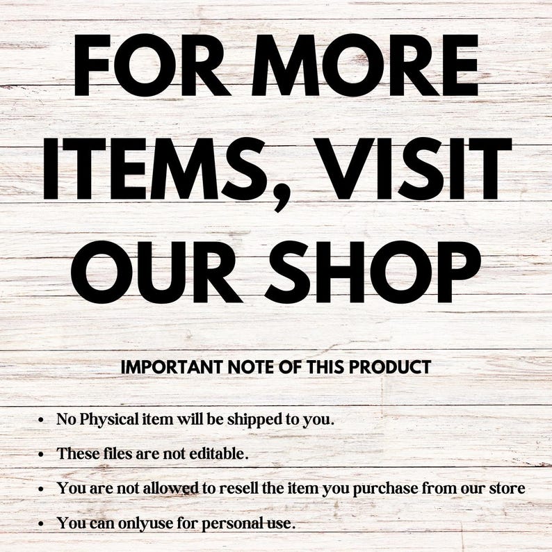 May include: A white wooden background with the text "FOR MORE ITEMS, VISIT OUR SHOP." Beneath, "IMPORTANT NOTE OF THIS PRODUCT" introduces four bullet points detailing the product's characteristics and permitted uses.