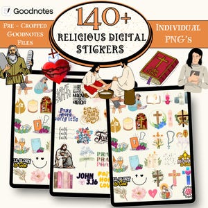 Könnte beinhalten: Digitale Sticker mit religiösen Themen. Das Bild zeigt eine Sammlung digitaler Sticker mit Illustrationen von Kreuzen, Bibeln und inspirierenden Zitaten. Der Text auf dem Bild lautet "140+ Religiöse digitale Sticker" und "Individuelle PNGs".