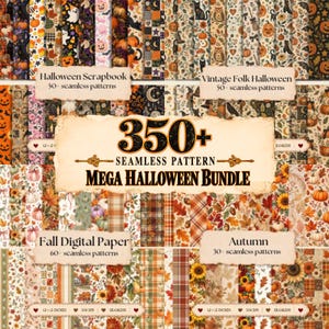 May include: A digital collection of 350+ seamless patterns featuring Halloween and autumn themes. The bundle includes Halloween Scrapbook, Vintage Folk Halloween, Fall Digital Paper, and Autumn designs with pumpkins, leaves, and ghosts.