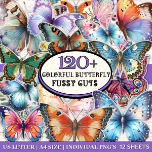 May include: A collage of colourful butterfly cutouts in various sizes and designs. The image features butterflies in shades of blue, orange, pink, purple, and green. Text in the centre reads "120+ Colorful Butterfly Fussy Cuts".