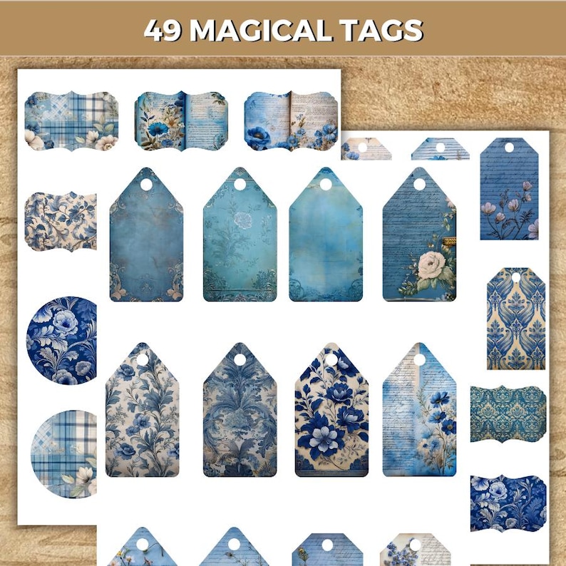 Vintage Blue Junk Journal Kit, Blue Roses Journal Paper, Tags ...