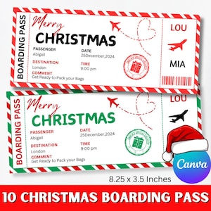 Puede incluir: Dos tarjetas de embarque navideñas con bordes rojos y verdes. Las tarjetas dicen "Feliz Navidad" e incluyen detalles del vuelo para Abigail a Londres el 25 de diciembre de 2024. Cada tarjeta mide 21 x 8,9 cm.