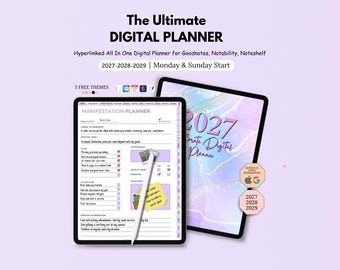 Puede incluir: Una agenda digital mostrada en dos tabletas, con una página de manifestación y un lápiz óptico blanco. El texto incluye The Ultimate DIGITAL PLANNER, 2027-2028-2029, Monday & Sunday Start y Google & Apple Integration. La interfaz muestra casillas.