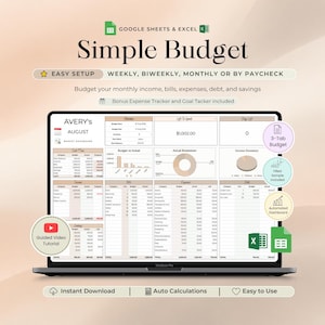 Op de afbeelding: Een digitaal budget-spreadsheet-sjabloon voor Google Sheets en Excel, weergegeven op een laptopscherm. De interface bevat secties voor inkomsten, rekeningen, uitgaven, schulden en spaargeld met grafieken, tabellen en een dashboard.