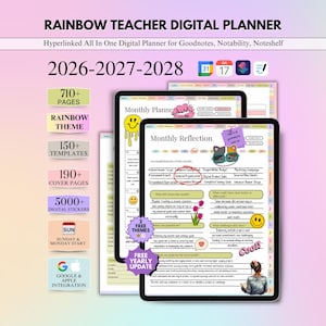 May include: A digital teacher planner for 2026-2028 featuring a rainbow theme, 710+ pages, 150+ templates, 190+ cover pages, and 5000+ digital stickers. The interface displays monthly reflection pages with colorful icons, text, and hyperlinked tabs.