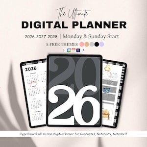 May include: A digital planner for 2026-2028 with Monday and Sunday start options, featuring five themes and hyperlinked pages for Goodnotes, Notability, and Noteshelf. The display shows a 2026 calendar page and a page with cat illustrations.